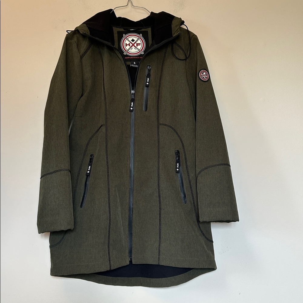 HFX High Performance Apparel green hooded jacket zip front & pockets size small